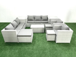 Fimous Outdoor Rattan Sofa Garden Furniture Set 2 Armchairs Oblong Coffee Table 3 Stools 2 Side Tables Light Grey - thumbnail 2