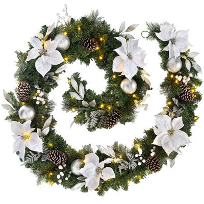 Werchristmas Pre-Lit Extra-Thick Silver And White Decorated Artificial Christmas Garland 9 Ft, 80 Warm White Leds - image 1