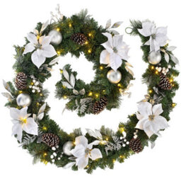 Werchristmas Pre-Lit Extra-Thick Silver And White Decorated Artificial Christmas Garland 9 Ft, 80 Warm White Leds - thumbnail 1