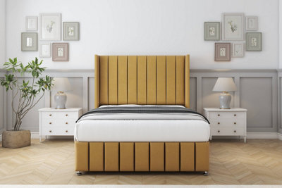 "Sloomy Melbourne Mustard Plush Divan Bed Set No Drawers With 54"" Wingback & 12"" Footboard 2'6 Small Single" - image 1