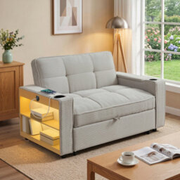 Matteo 2 Seater Corduroy Sofa Bed With Led Storage Shelf - Grey - thumbnail 5