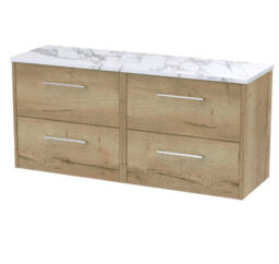 Hudson Reed Juno Wall Hung 4 Soft Close Drawer Vanity Unit With Laminate Worktop And Handles In Autumn Oak Finish, 1200mm