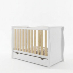 VICULII Willow Sleigh Mini Cot Bed White Natural With Drawer And Bamboo Mattress