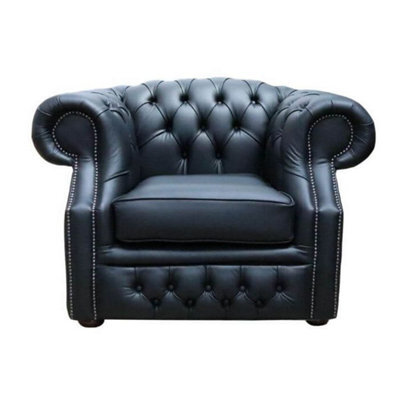 Chesterfield Club Chair Shelly Black Real Leather In Buckingham Style - image 1