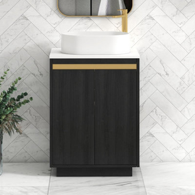 Royal Bathrooms Orion 600mm Hale Black Floor Standing Plain White Countertop Vanity Unit 2 Door With Peak Basin & Brushed Brass Accent Trim - image 1