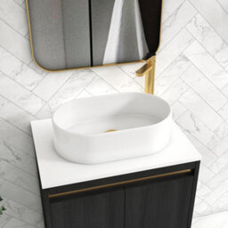 Royal Bathrooms Orion 600mm Hale Black Floor Standing Plain White Countertop Vanity Unit 2 Door With Peak Basin & Brushed Brass Accent Trim - thumbnail 5