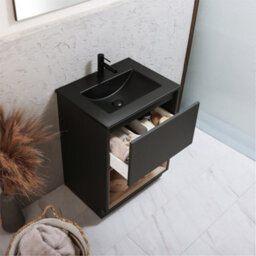 Homestylestore Black Grey 612mm Bathroom Vanity Unit Led Lit Open Shelf And Graphite Basin - thumbnail 2
