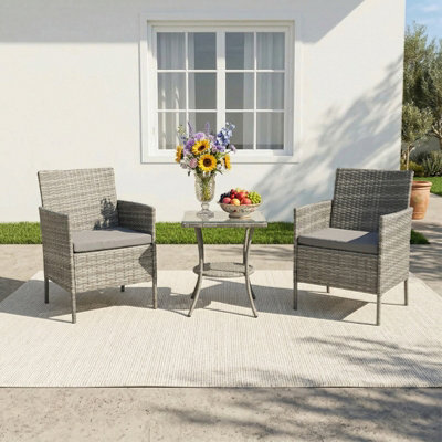 Living And Home 3-Piece Pe Rattan Garden Furniture Bistro Set, 2 Seat Rattan Garden Table & Chair, Grey - image 1