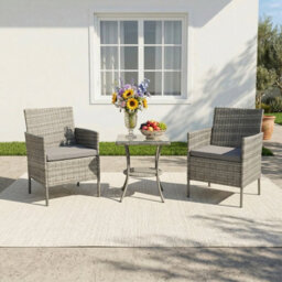 Living And Home 3-Piece Pe Rattan Garden Furniture Bistro Set, 2 Seat Rattan Garden Table & Chair, Grey - thumbnail 1