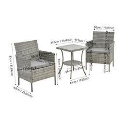 Living And Home 3-Piece Pe Rattan Garden Furniture Bistro Set, 2 Seat Rattan Garden Table & Chair, Grey - thumbnail 9