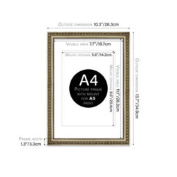 A4 Champaign Ornate Picture Frame (29.7 X 21Cm) With Mount For A5 Poster, Photo, Artwork, Gallery Wall Or Print - thumbnail 2