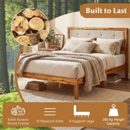 Double Size Wooden Bed Frame With Tufted Headboard Beige - thumbnail 5