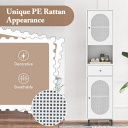 170Cm Tall Bathroom Cabinet Pe Rattan Floor Cabinet W 2 Doors-White - thumbnail 6