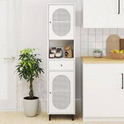 170Cm Tall Bathroom Cabinet Pe Rattan Floor Cabinet W 2 Doors-White - thumbnail 5