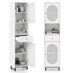 170Cm Tall Bathroom Cabinet Pe Rattan Floor Cabinet W 2 Doors-White - thumbnail 1
