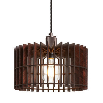 Industville Rift Slatted Wooden Drum Pendant Light - Dark, Dark Wood, Bronze Pendant Holder - image 1