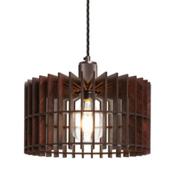 Industville Rift Slatted Wooden Drum Pendant Light - Dark, Dark Wood, Bronze Pendant Holder - thumbnail 1