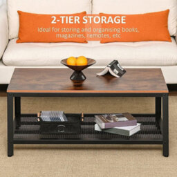 Xample Coffee Table Tea Table With Metal Frame, Wood Coffee Table With Open Storage Shelf, Vintage Accent Furniture Table For Living Room - thumbnail 4