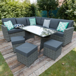 9 Seat Outdoor Rattan Corner Dining Set With L-Shaped Sofa, Ottomans And Table - 80mm Thick Cushions Included - thumbnail 1