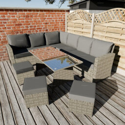 9 Seat Outdoor Rattan Corner Dining Set With L-Shaped Sofa, Ottomans And Table - 80mm Thick Cushions Included - thumbnail 6