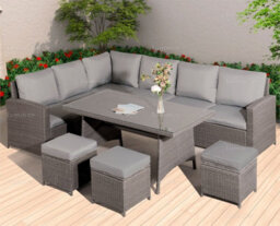 9 Seat Outdoor Rattan Corner Dining Set With L-Shaped Sofa, Ottomans And Table - 80mm Thick Cushions Included - thumbnail 5