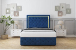 "Sloomy Sofia Gold Navy Plush Divan Bed No Drawers-54"" Floor Standing Headboard 12"" Footboard 6' Super King" - thumbnail 2