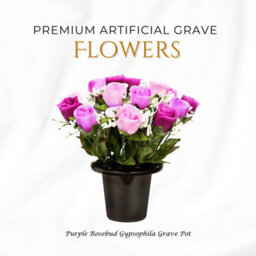 Premium Artificial Grave Flowers - 25Cm Purple Rosebud With Gypsophila Memorial Vase Pot