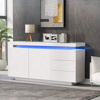 Abrihome Sideboard With Led Lights, High Gloss Sideboard With 2 Doors & 3 Drawers, Side Cabinet Standing Cabinet Chest Of Drawers, White - image 1