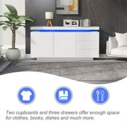 Abrihome Sideboard With Led Lights, High Gloss Sideboard With 2 Doors & 3 Drawers, Side Cabinet Standing Cabinet Chest Of Drawers, White - thumbnail 2
