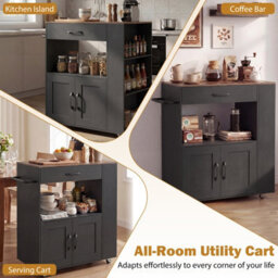 Costway Rolling Kitchen Island Mobile Kitchen Cart With Cabinet & Spice Racks-Black - thumbnail 8