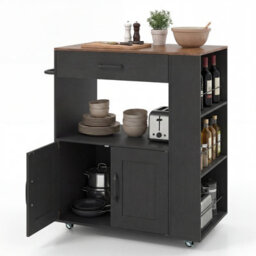 Costway Rolling Kitchen Island Mobile Kitchen Cart With Cabinet & Spice Racks-Black - thumbnail 2
