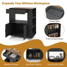 Costway Rolling Kitchen Island Mobile Kitchen Cart With Cabinet & Spice Racks-Black - thumbnail 6