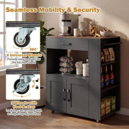 Costway Rolling Kitchen Island Mobile Kitchen Cart With Cabinet & Spice Racks-Black - thumbnail 7