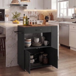 Costway Rolling Kitchen Island Mobile Kitchen Cart With Cabinet & Spice Racks-Black - thumbnail 4