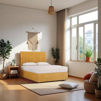 "Knight Sleep Emily Mustard Plush 4Ft Bed Set With Mattress, 2 Drawers Same Side & 24""headboard - Small Double" - image 1