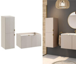 Impact Furniture Bathroom Furniture Set With 600mm Wall Hung Vanity Unit And Tallboy Storage Cabinet Fluted Beige Cara