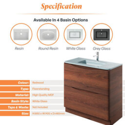 Plum&clay Eden Redwood Floorstanding Vanity Unit With White Glass Basin (W)900mm - thumbnail 7