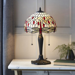 Luminosa Lighting Luminosa Dragonfly 2 Light Small Table Lamp Dark Bronze, Beige, Tiffany Style Glass, E27 - thumbnail 2