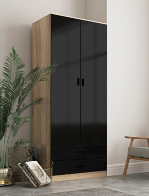 Urbn-Living Urbnliving Height 180Cm Glossy Oak Carcass & Black Drawers Tall 2 Door Wardrobe Bedroom Storage Hanging Rail Modern Furniture - image 1