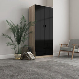 Urbn-Living Urbnliving Height 180Cm Glossy Oak Carcass & Black Drawers Tall 2 Door Wardrobe Bedroom Storage Hanging Rail Modern Furniture - thumbnail 2
