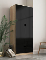 Urbn-Living Urbnliving Height 180Cm Glossy Oak Carcass & Black Drawers Tall 2 Door Wardrobe Bedroom Storage Hanging Rail Modern Furniture