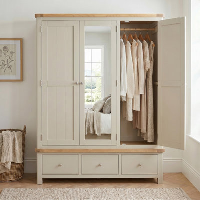 The Furniture Market Marbury Putty Grey Painted Triple 3 Door Mirrored Wardrobe With 3 Drawers - image 1