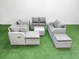 Fimous 8 Seater Outdoor Reclining Chair Love Sofa Set Rattan Garden Furniture Set Square Coffee Table 2 Big Footstools Side Table - thumbnail 2
