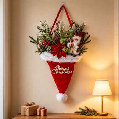 CLEFFNS Christmas Hat Wreath For Front Door, 22 In Merry Christmas Santa Hat Wreath With Santa Gnome, Berries, Candy, Poinsettia - image 1