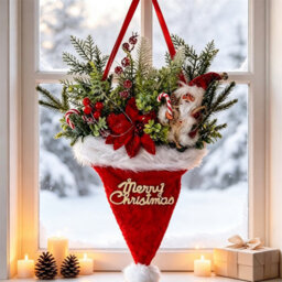 CLEFFNS Christmas Hat Wreath For Front Door, 22 In Merry Christmas Santa Hat Wreath With Santa Gnome, Berries, Candy, Poinsettia - thumbnail 5