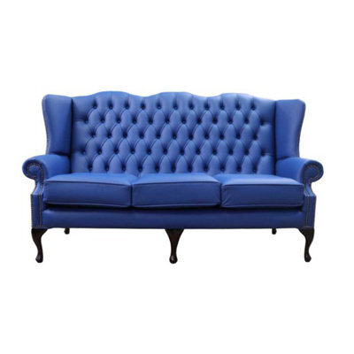 Chesterfield 3 Seater Flat Wing High Back Sofa Ultramarine Blue Leather In Queen Anne Style - image 1