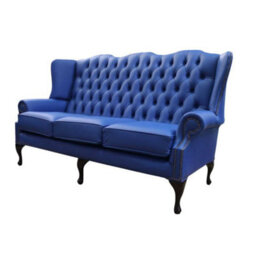 Chesterfield 3 Seater Flat Wing High Back Sofa Ultramarine Blue Leather In Queen Anne Style - thumbnail 3