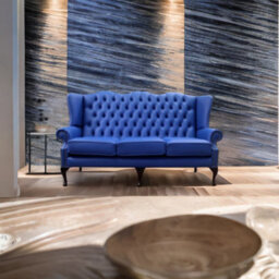 Chesterfield 3 Seater Flat Wing High Back Sofa Ultramarine Blue Leather In Queen Anne Style - thumbnail 4