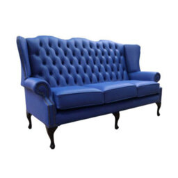 Chesterfield 3 Seater Flat Wing High Back Sofa Ultramarine Blue Leather In Queen Anne Style - thumbnail 2