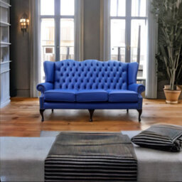 Chesterfield 3 Seater Flat Wing High Back Sofa Ultramarine Blue Leather In Queen Anne Style - thumbnail 5